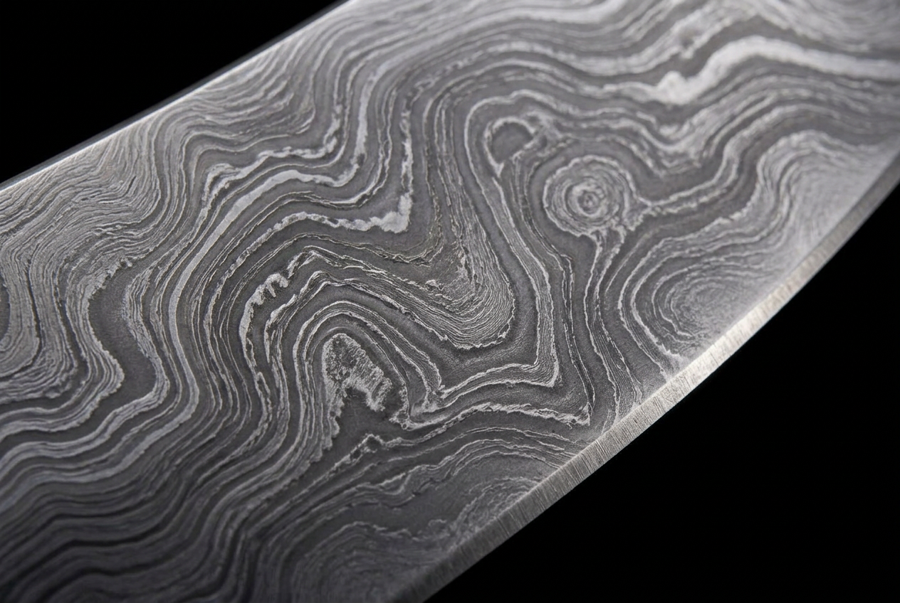 Macro detail of layered Damascus steel pattern