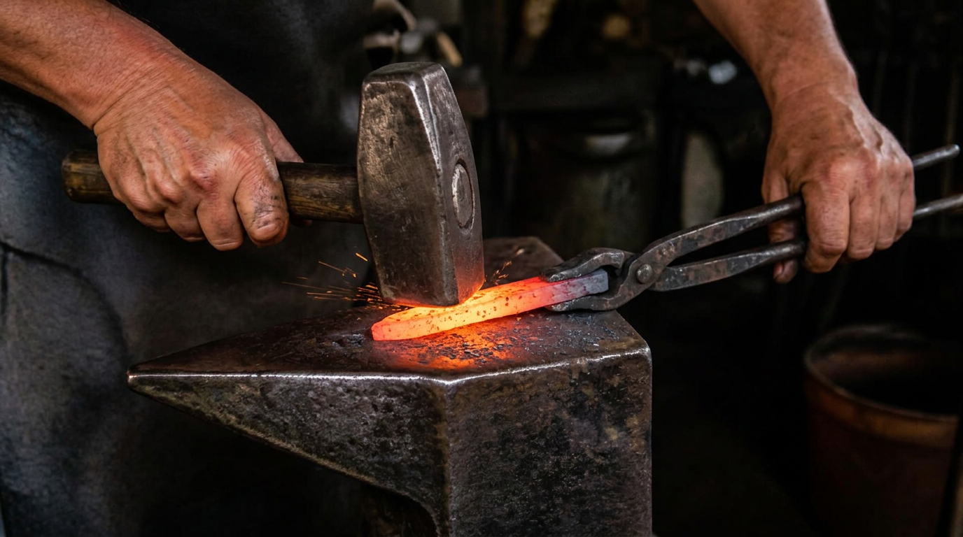 Blacksmith hammering a glowing hot blade on an anvil as sparks fly