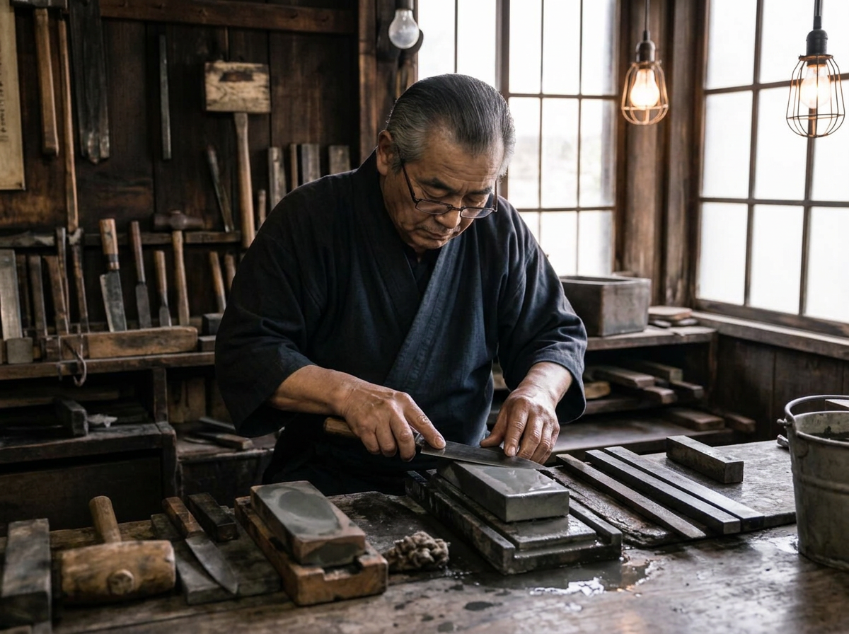 Bladesmith at work in a traditional Japanese workshop